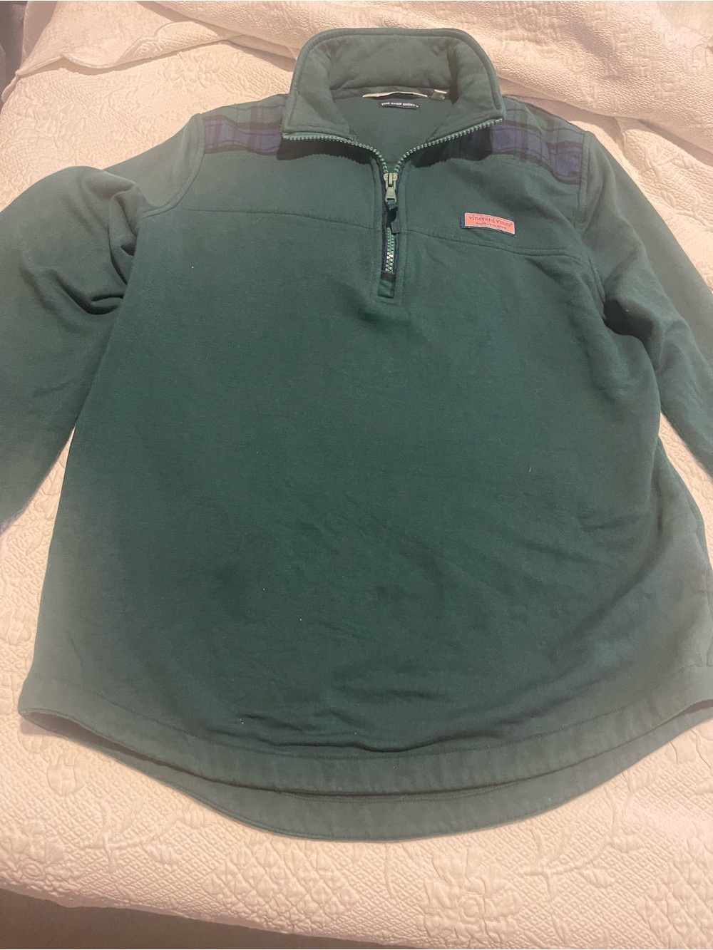 Vineyard Vines Dark Green Quarter-Zip Sweatshirt with Plaid Shoulder Women’s S